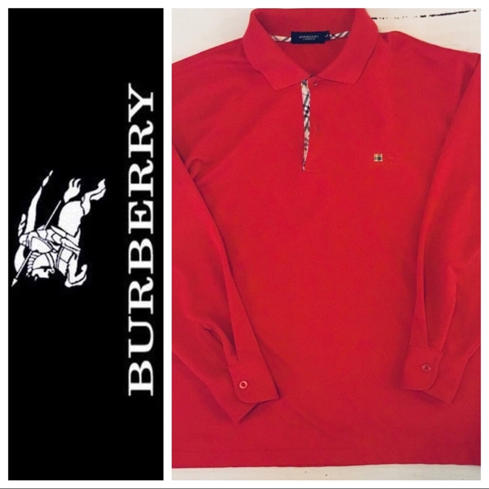 Burberry RED Long Sleeve Polo. Size Large